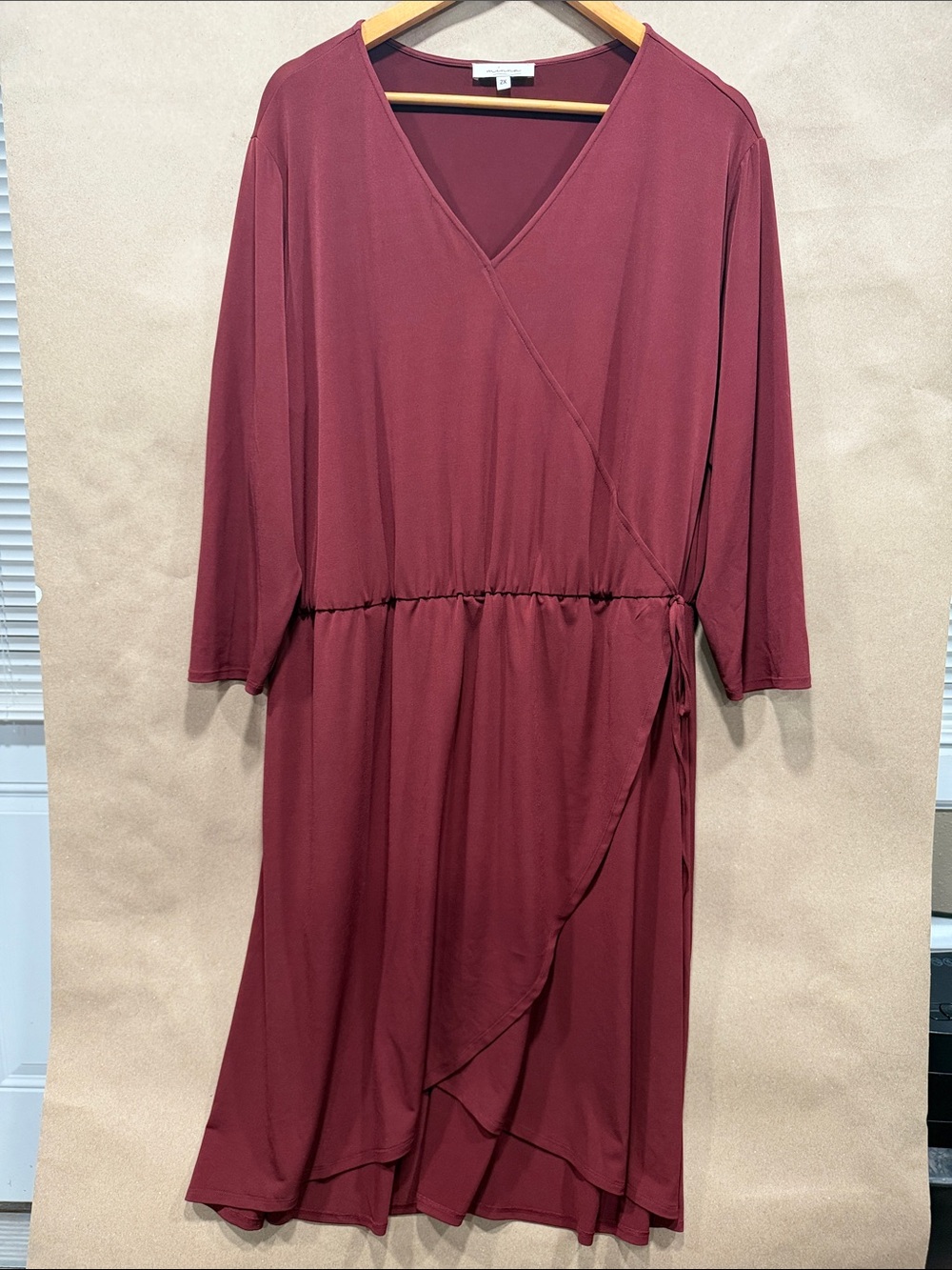 Wrap-Front Burgundy Midi Dress with Side Tie